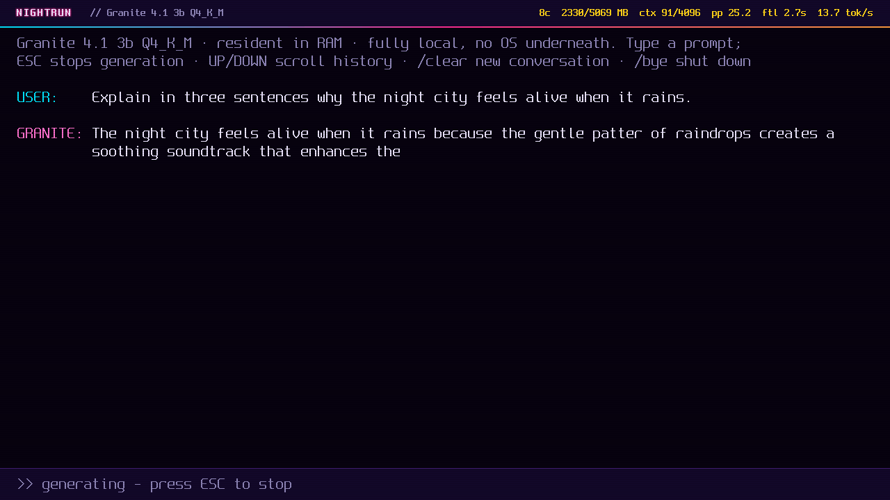 Granite model streaming a reply; the status bar shows prompt throughput, first-token latency, and tokens per second