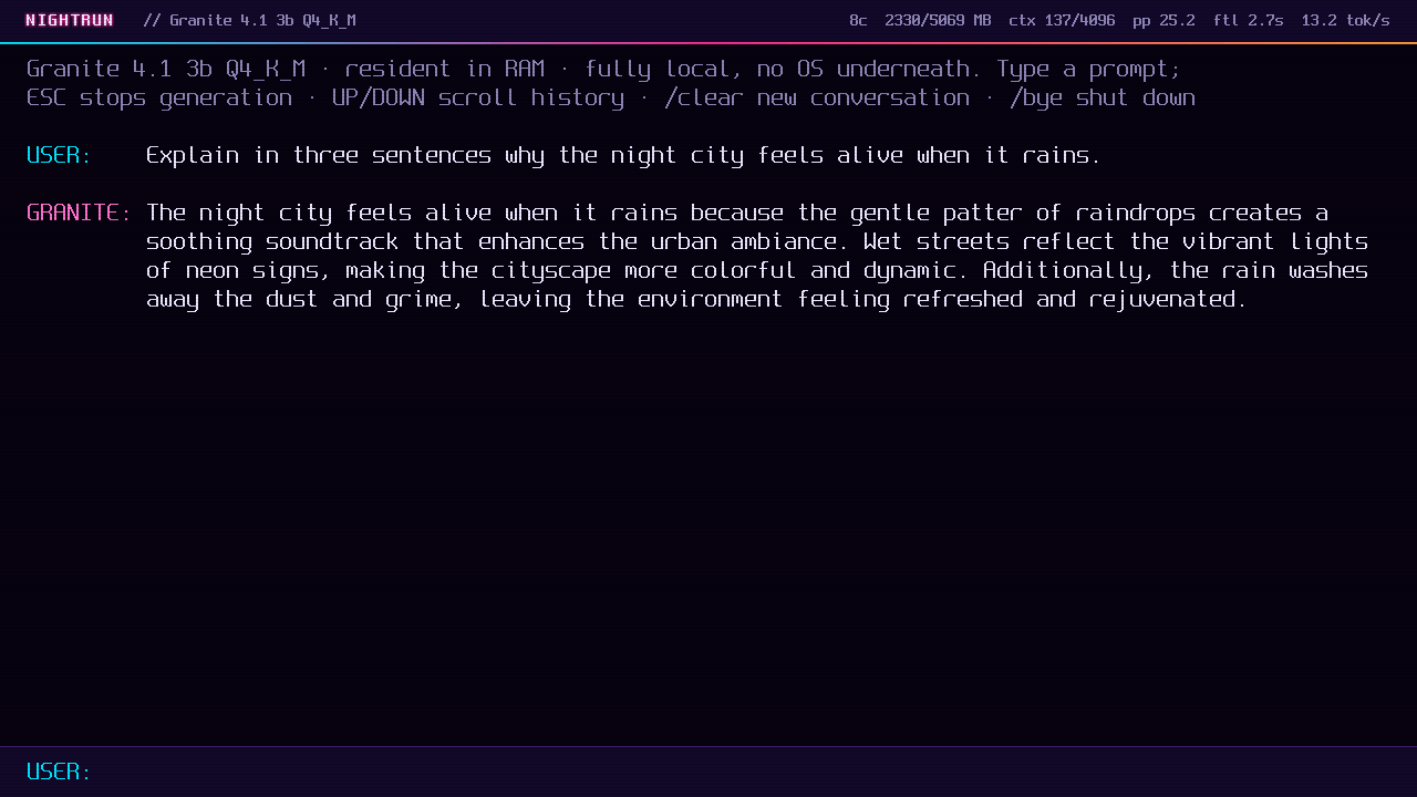 A completed Granite chat answer about a rainy city at night