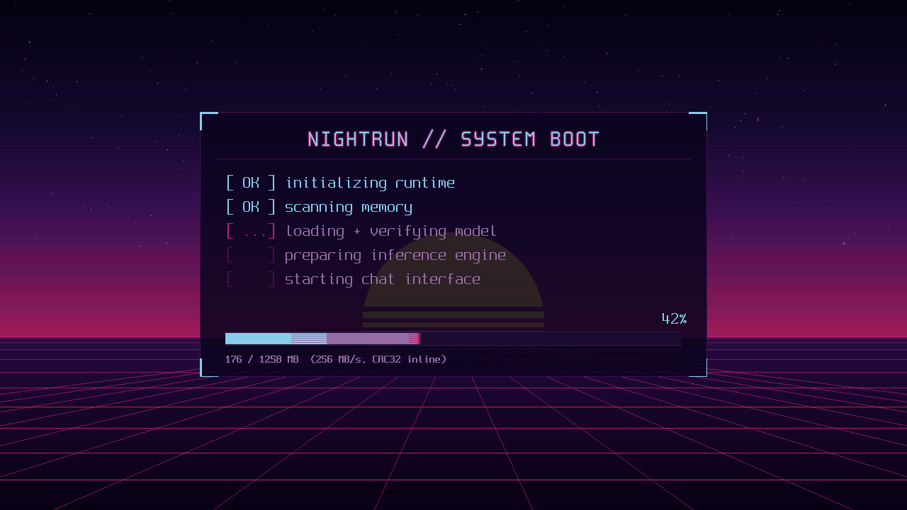 Boot checklist screen: runtime init, memory scan, and the model loading into RAM with inline CRC verification